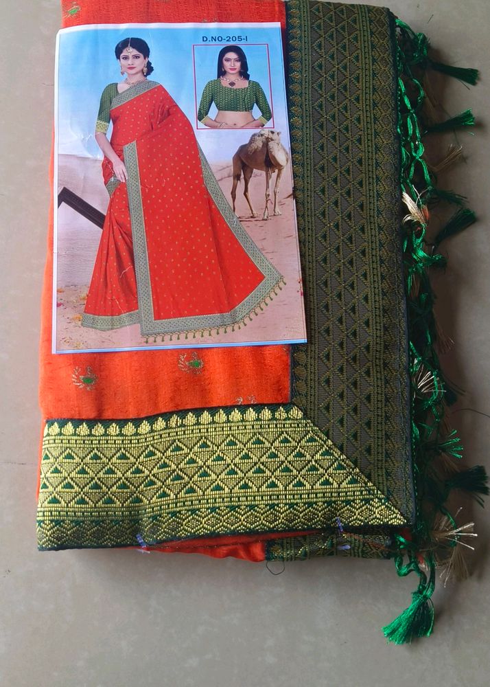 Elegant Poly Silk Orange Saree  Traditional Design