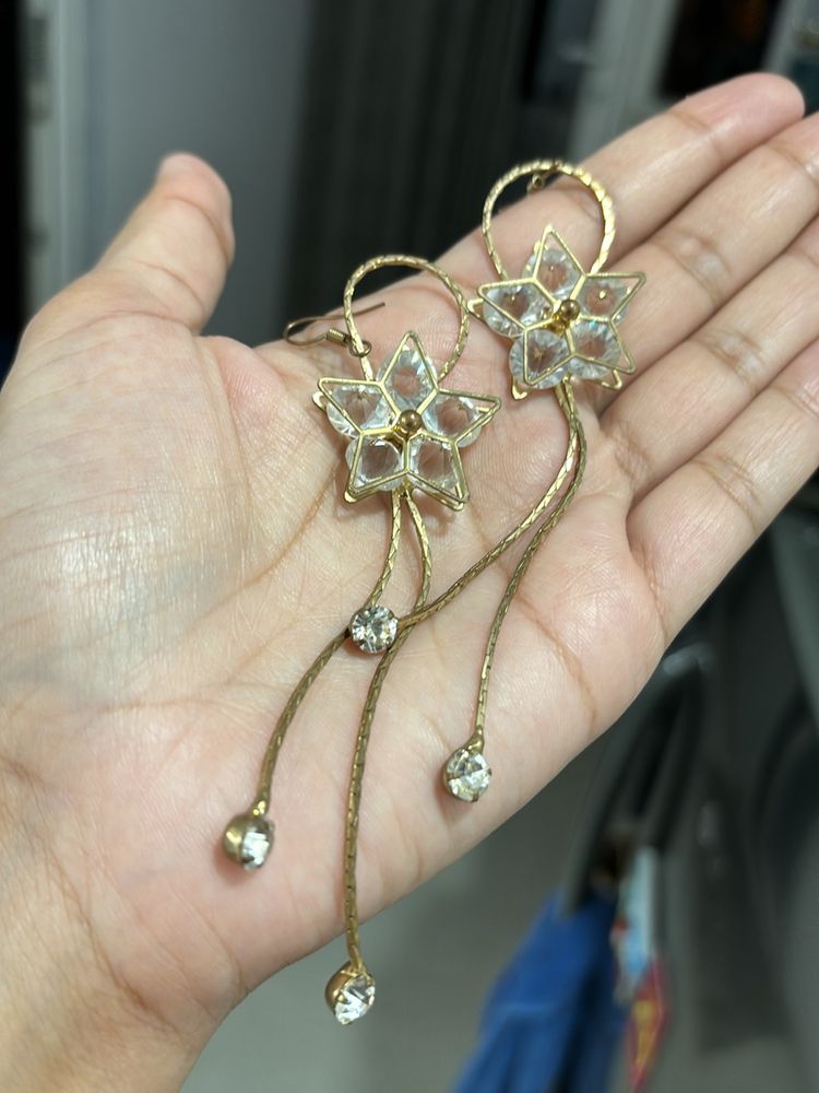 Flower Shaped Golden And White Earrings