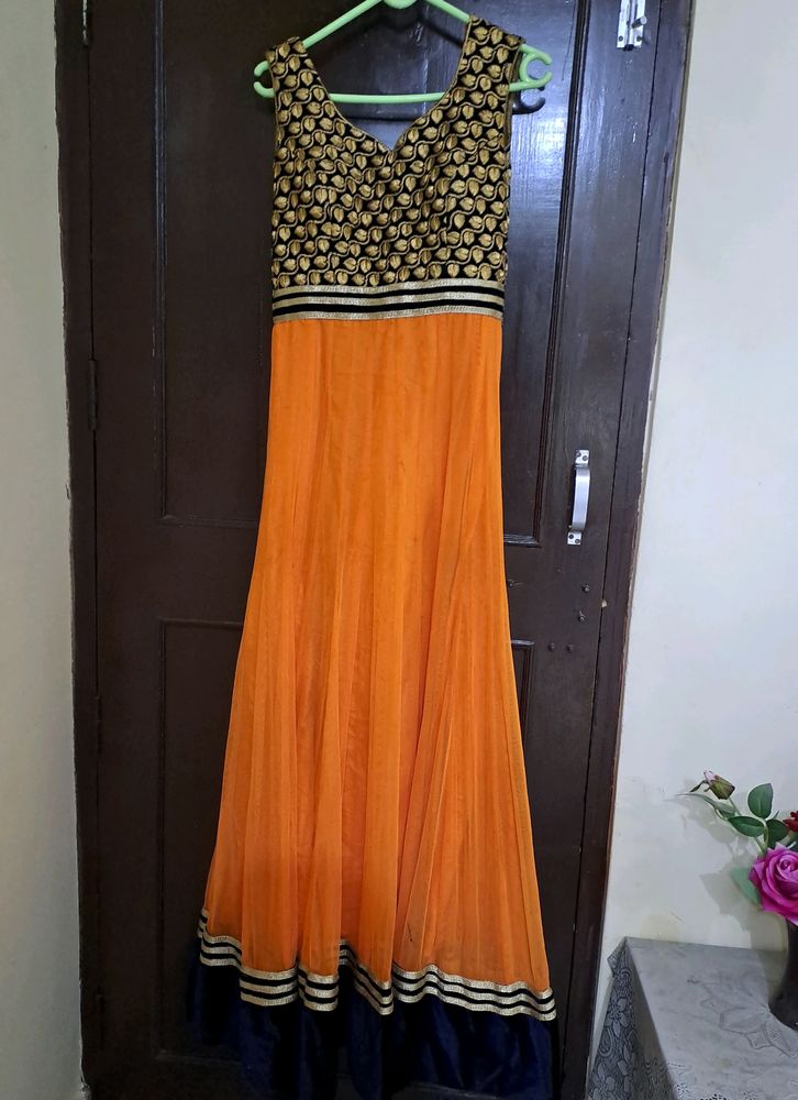 Orange Anarkali Suit With Velvet Border