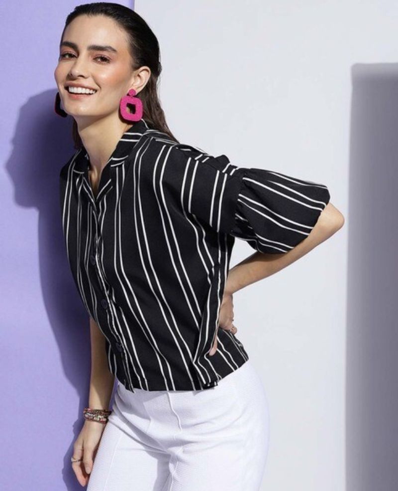 CLEMIRA Vertical Stripes Puff Sleeve Shirt Top