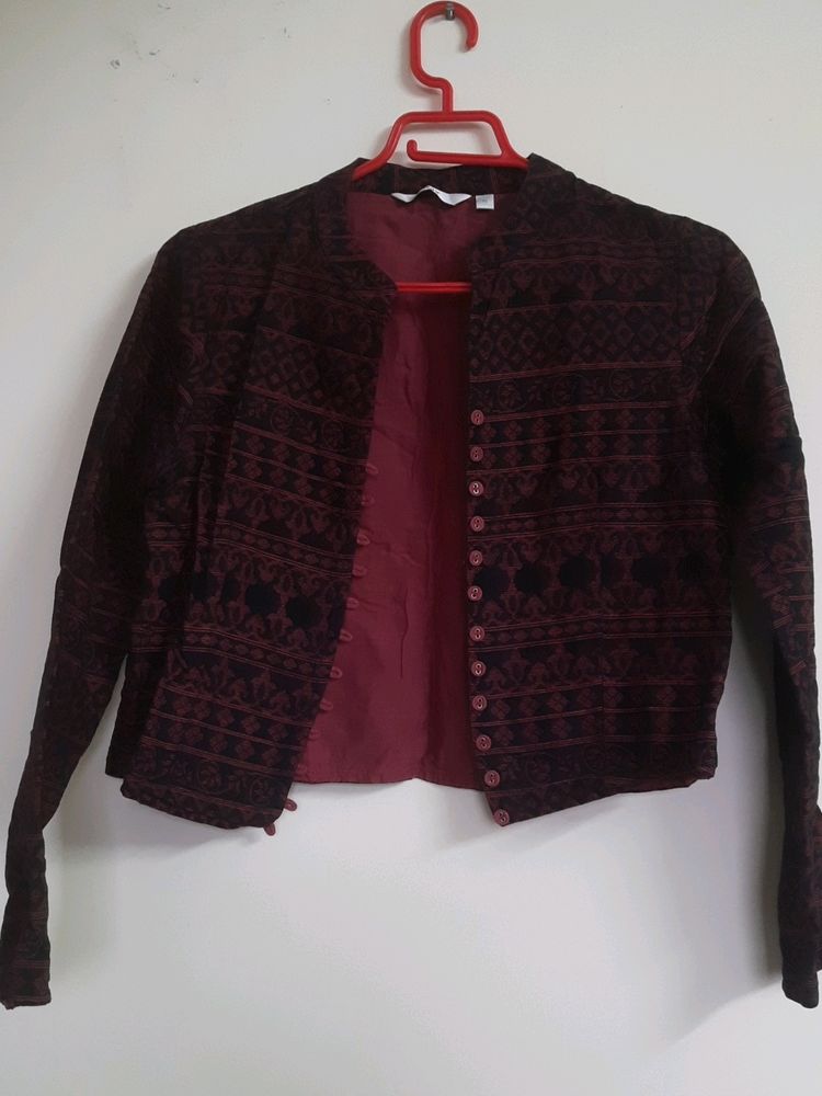 maroon ethnic printed jacket