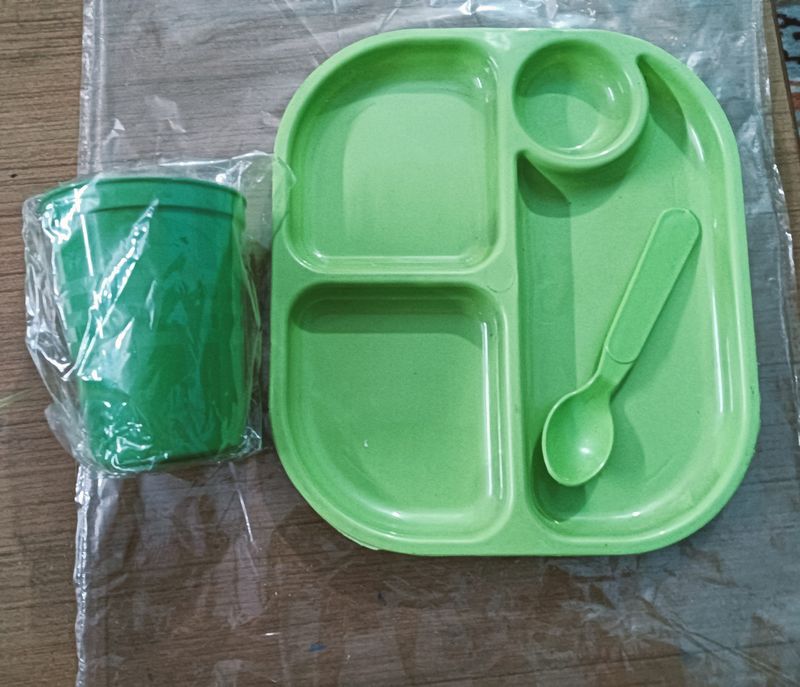 Kid Plate With Spoon And Glass Light Plastic