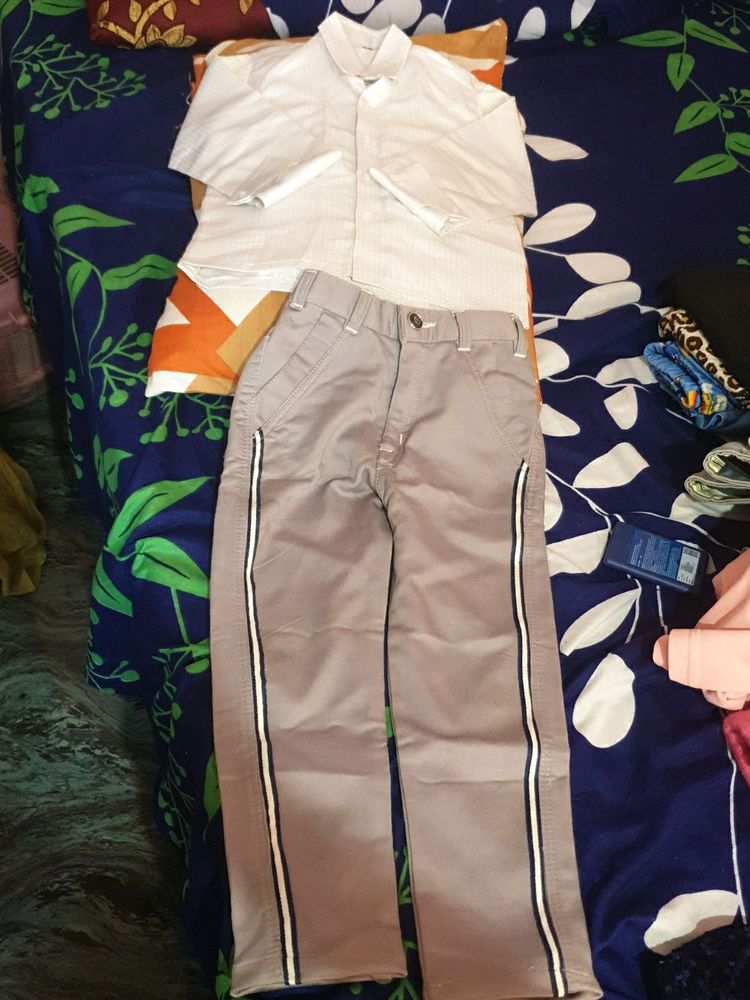 White🥼 Satin Shirt n Gray Pant For Kids