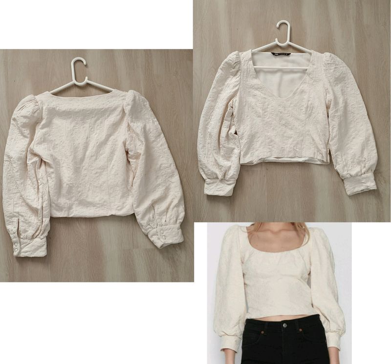 Zara Cream Long Puff Sleeve Top