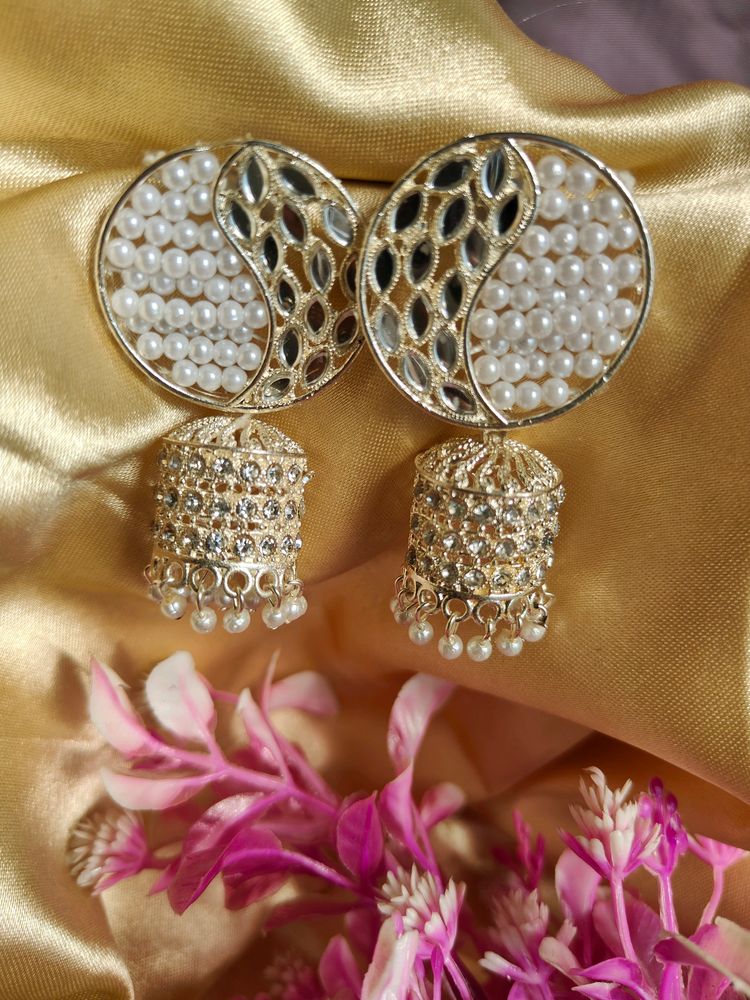 Ethnic Pearl White Golden Base Earrings