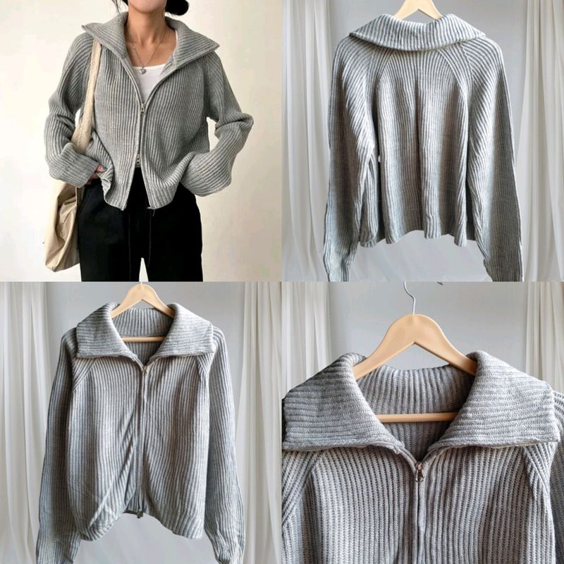 Zip-up Knit Gray Cardigan