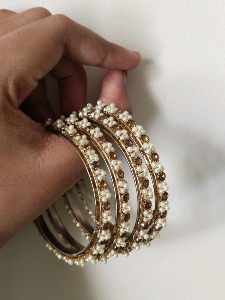 4 Set Gold Plated Bangles With White Pearls