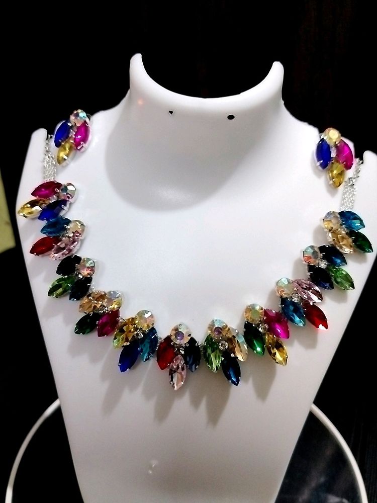 Glass Stone Necklace With Earring Multicolor