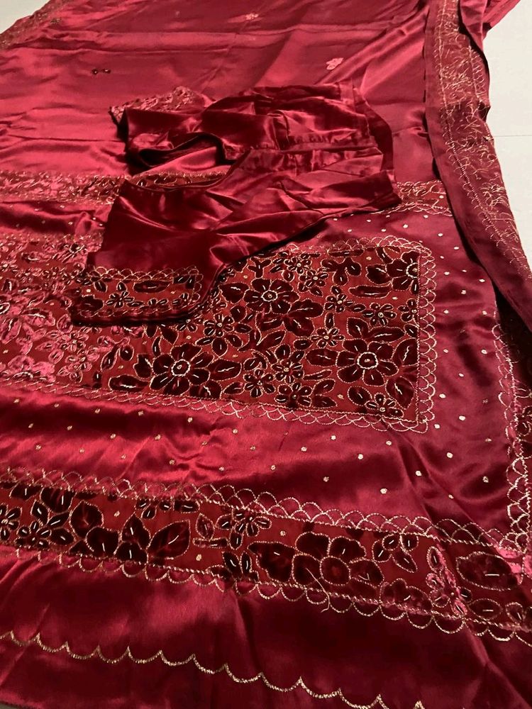 Red Silk Velvet Heavy Work Saree