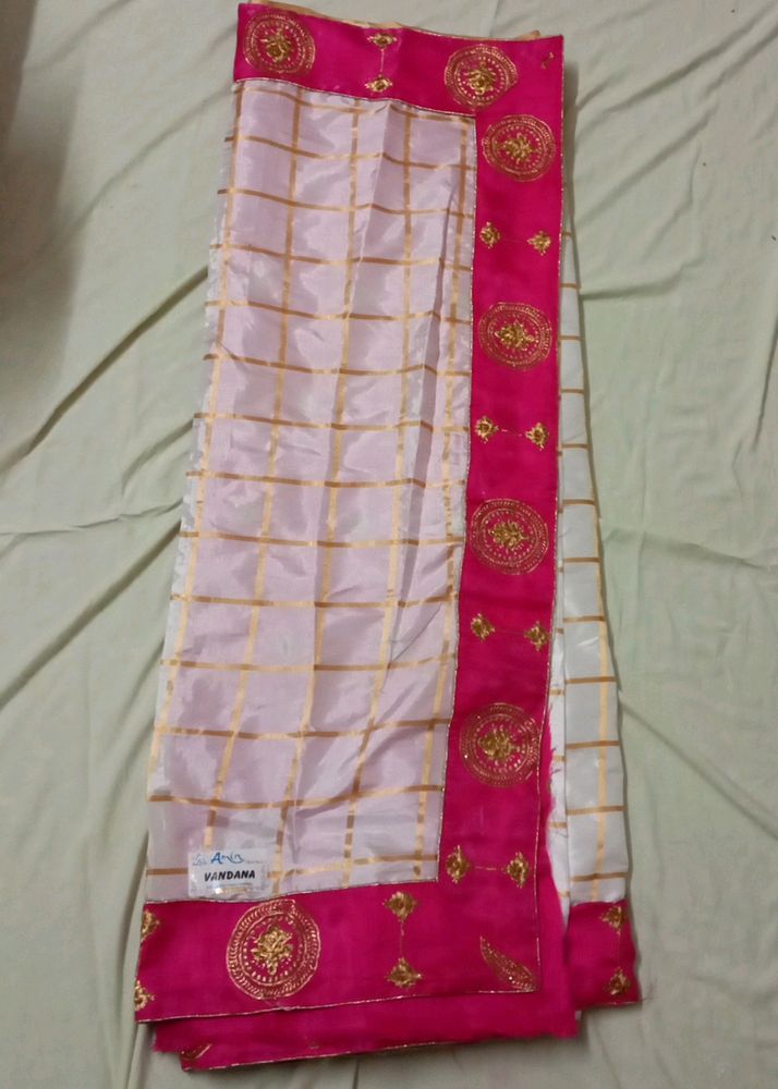 Pink,White And Golden Festive Saree