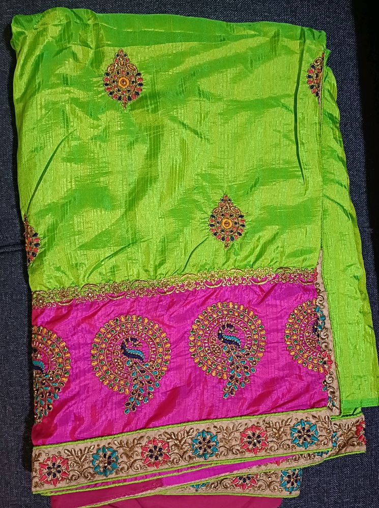 Vibrant Saree with Intricate Peacock Embroid