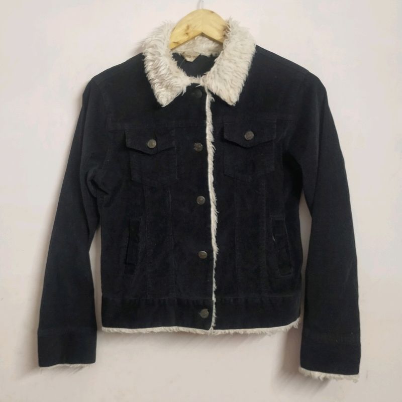 Black Corduroy Jacket With Fur Detailing