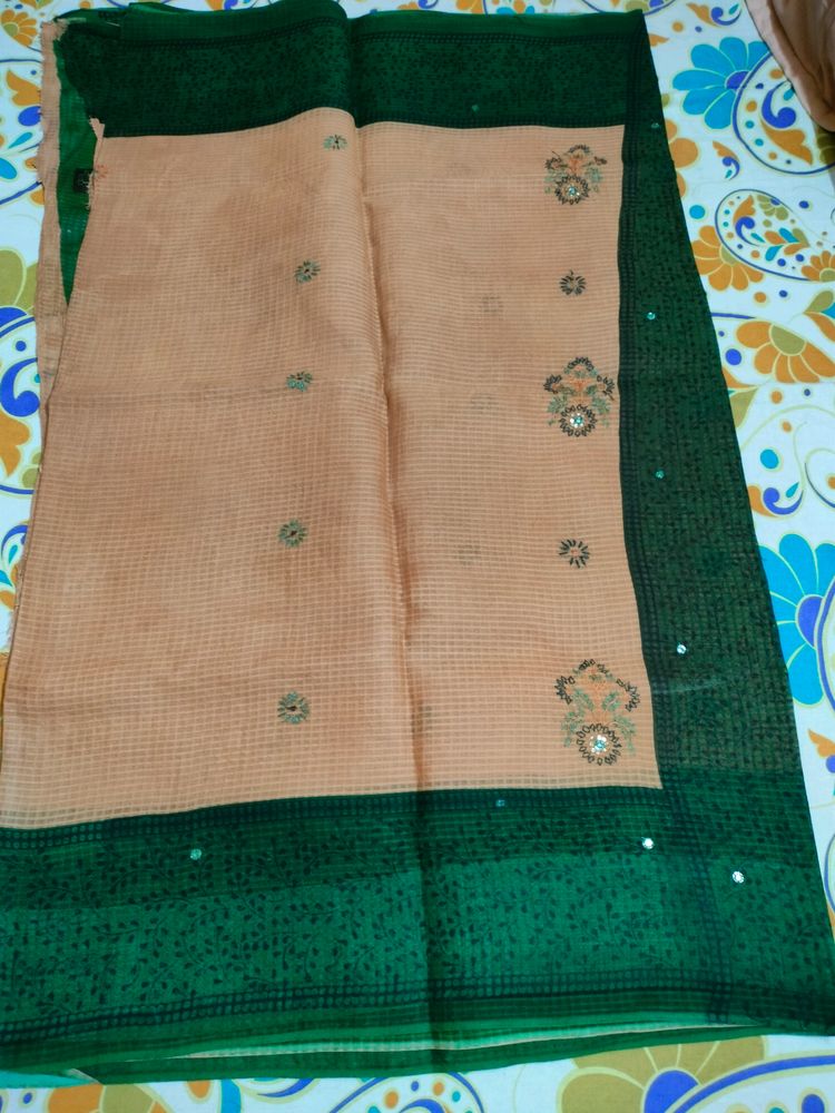 Chikoo Color Green Border Saree