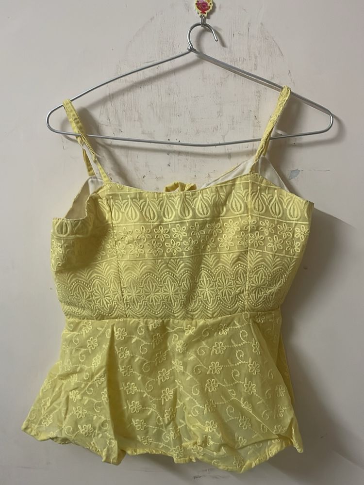 Chikankari Cotton Peplum Top In Pastel Yellow Colo