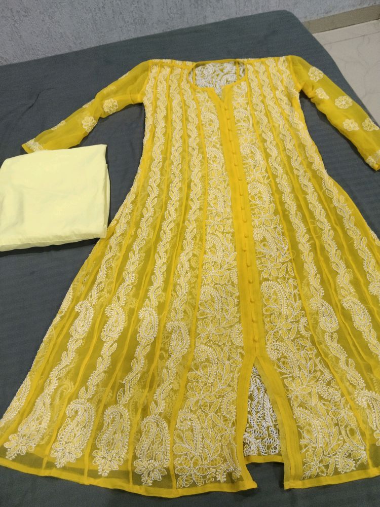 Gorgtte Chikenkari Kurti (Yellow)