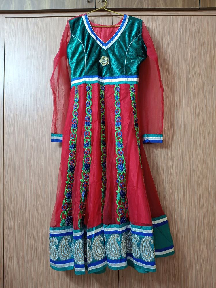 Red Anarkali Kurti Set With Embroidery