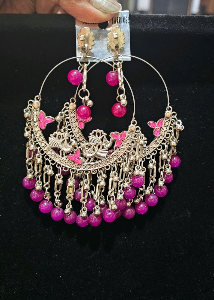 Beautiful Oxidized Chandbali With Pink Beads