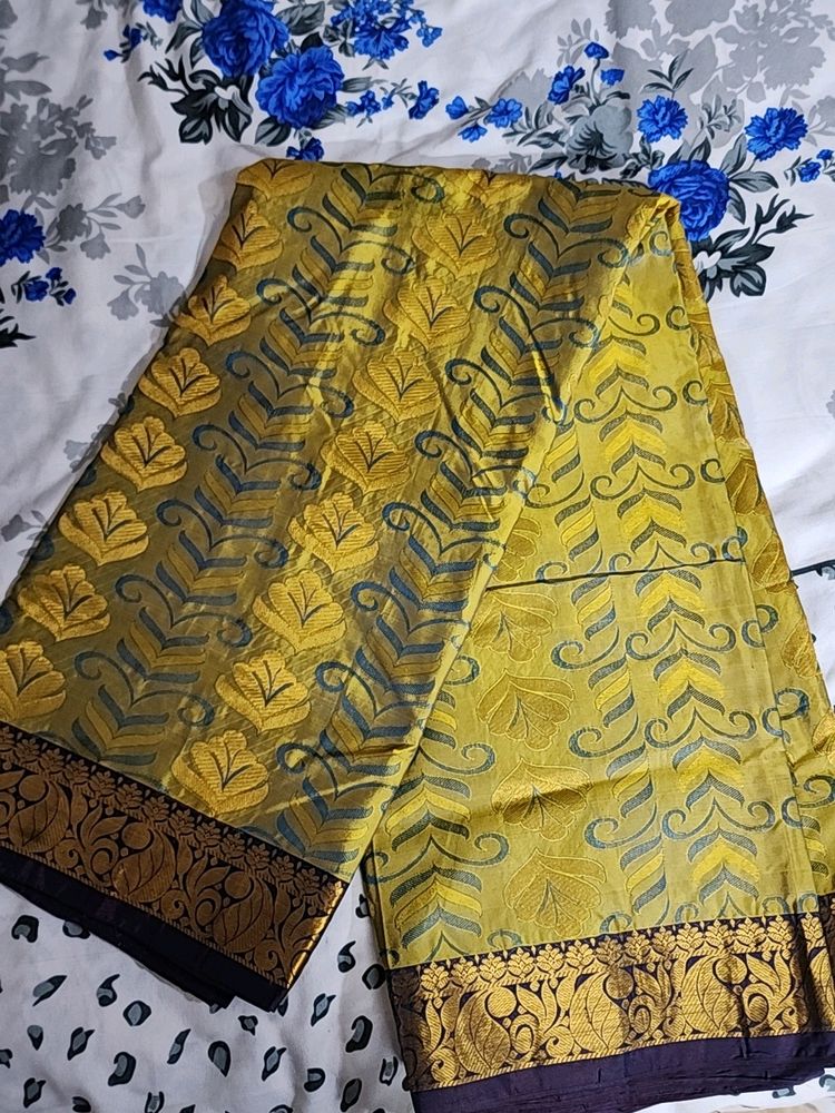 Golden Olive With Navy Blue Saree