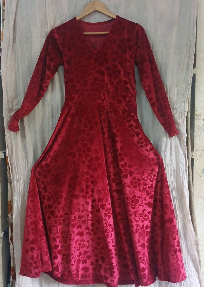 Red Velvet Gown With Full Sleeve