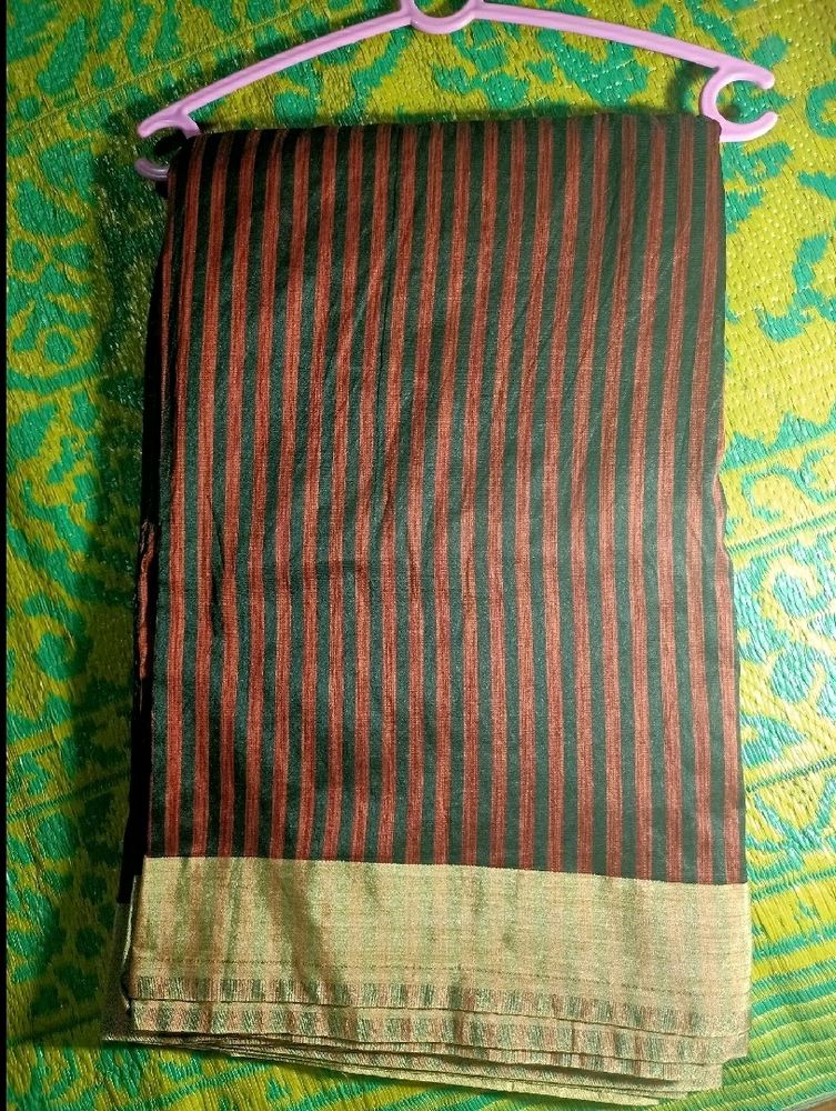 Handloom Saree Black Red Striped Gold Border Sari