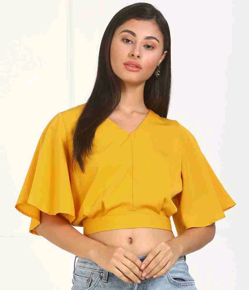 Casual Flared Sleeves Solid Women Yellow Top