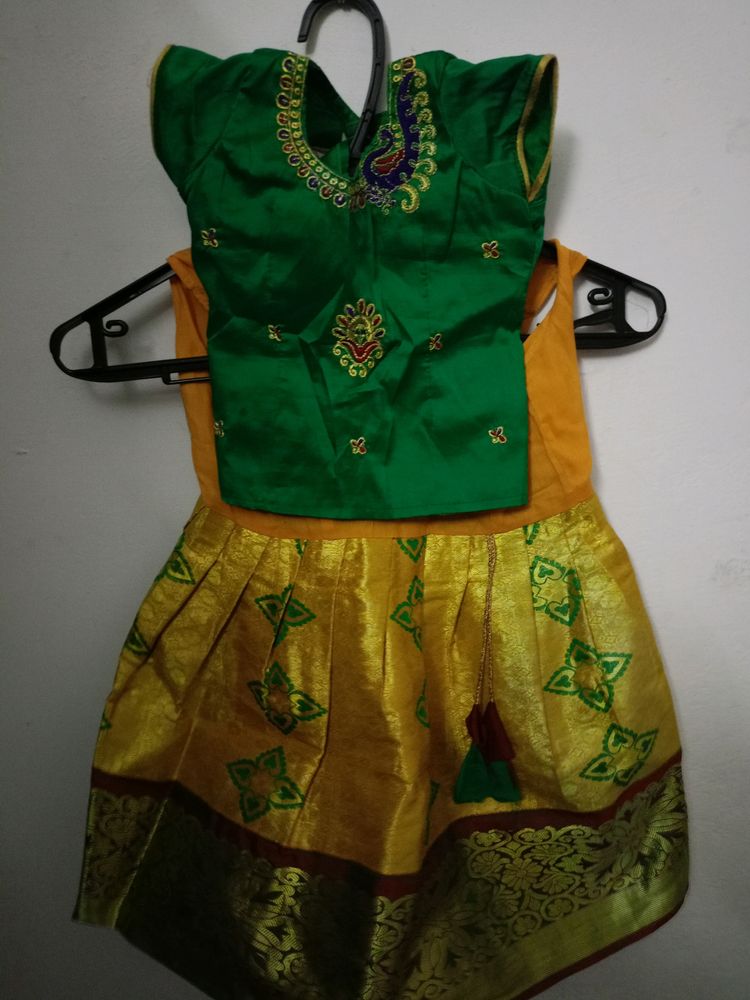 Pattu Pavadai Green And Gold Color Mixed