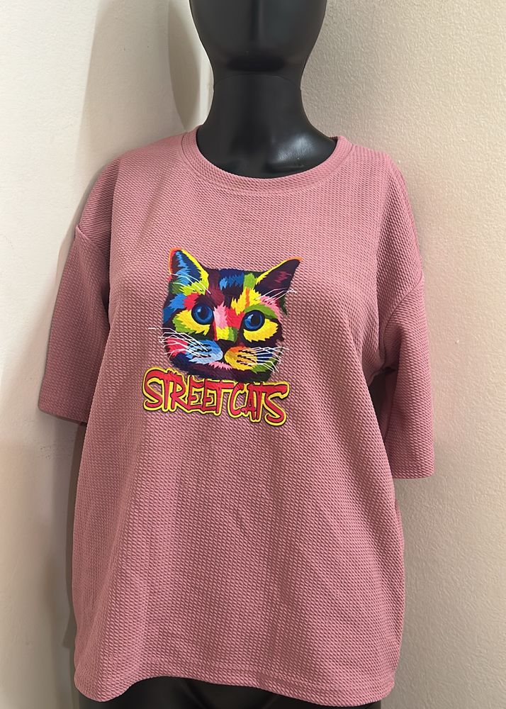 Oversized Cat Print T Shirt