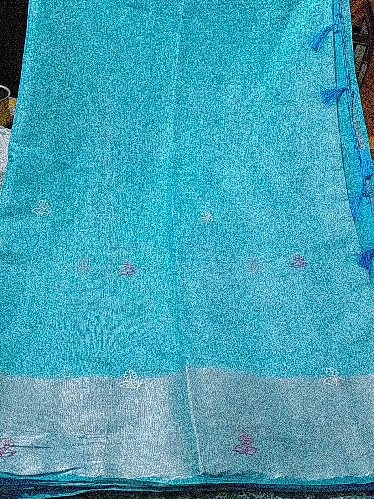 Sky Blue Net Saree For Women With Blouse