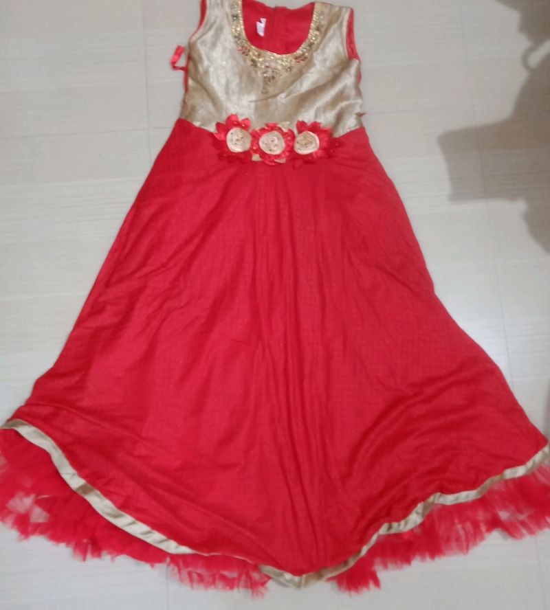 Red coloured frock with flowers