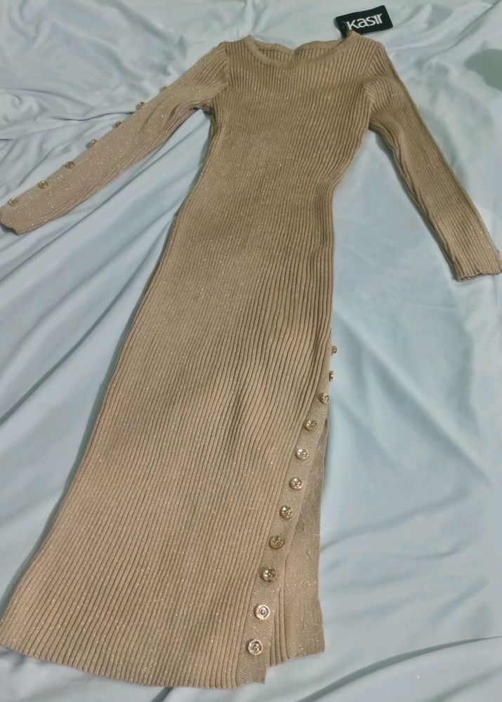 Beige Knitted Full Sleeve Bodycon Dress