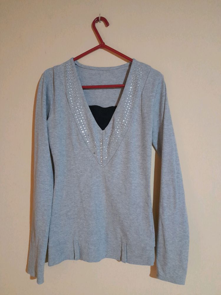 Grey Long Sleeves Tops