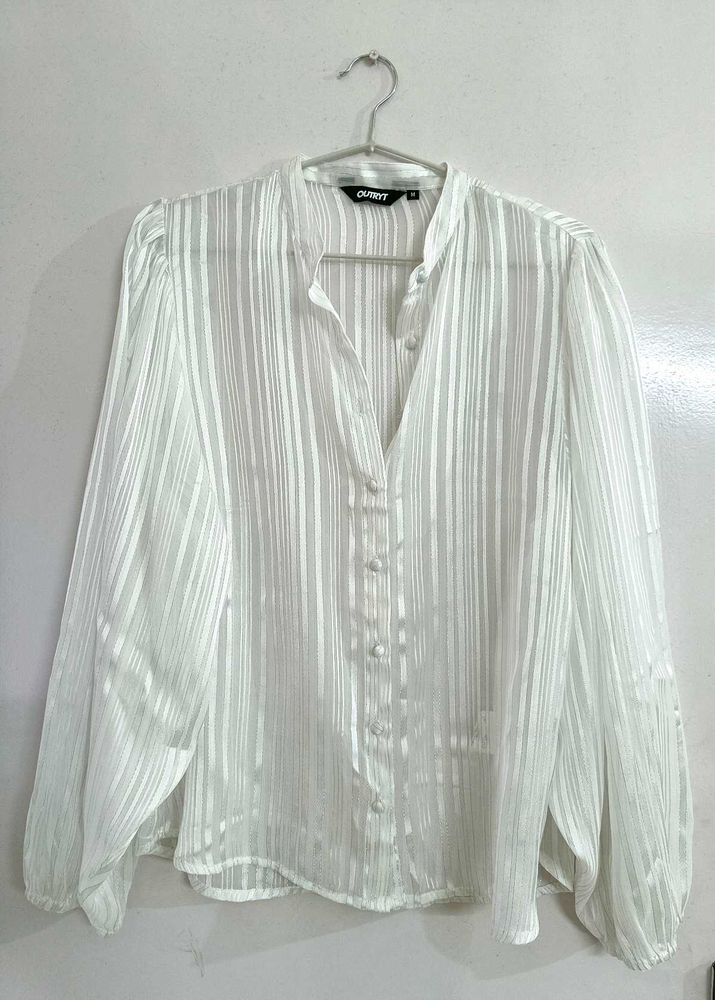 Women Sheer Striped Button-Down Shirt