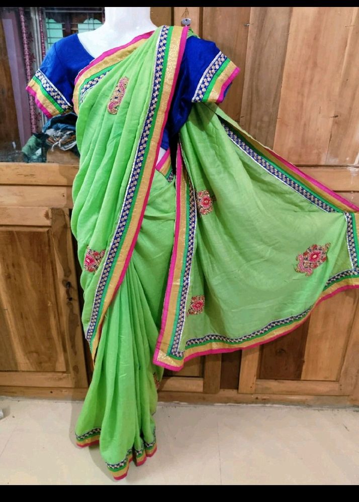 Pista Green Saree With Blouse 34 Size