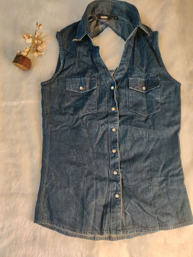 Sleeveless Branded Denim Shirt