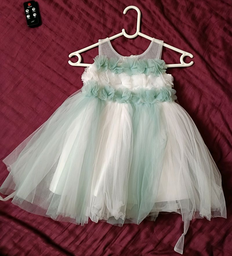 Beautiful White And Sky Blue Net Satin Dress