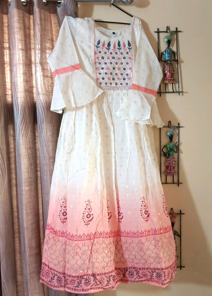 Beautiful A-Line Long Kurti | Off White And Peach