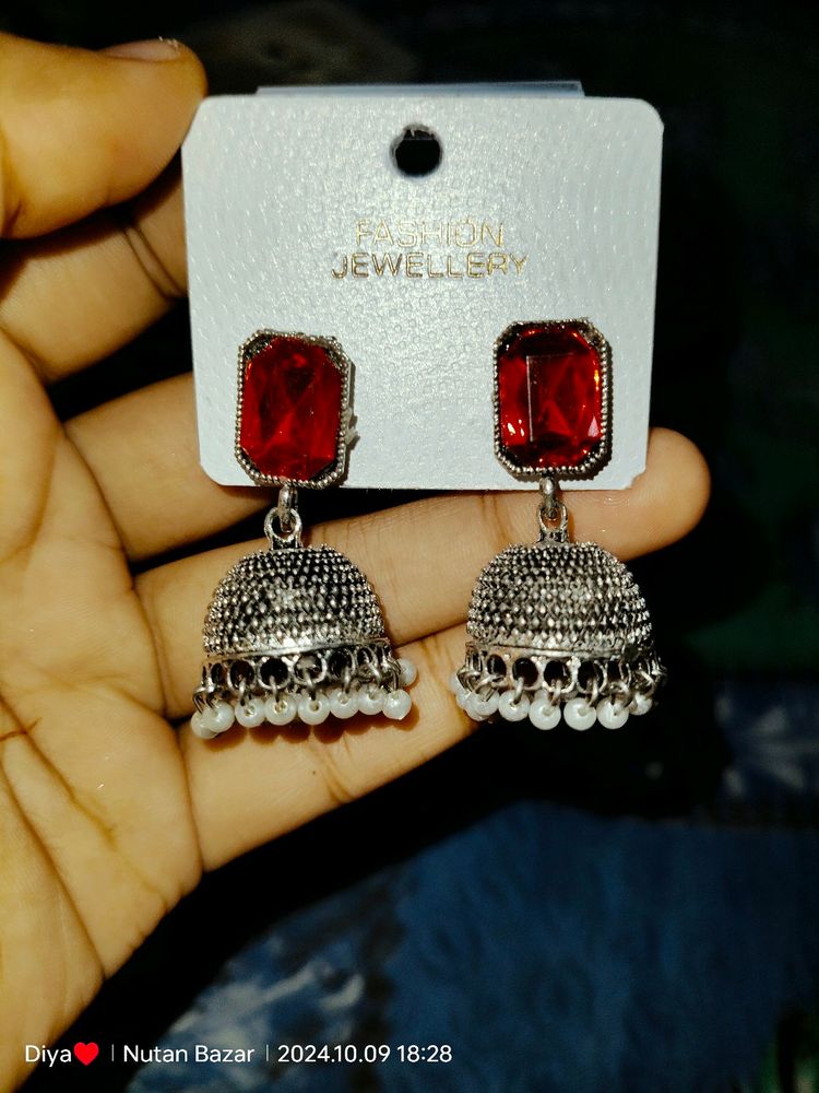 Women Red Silver Earring