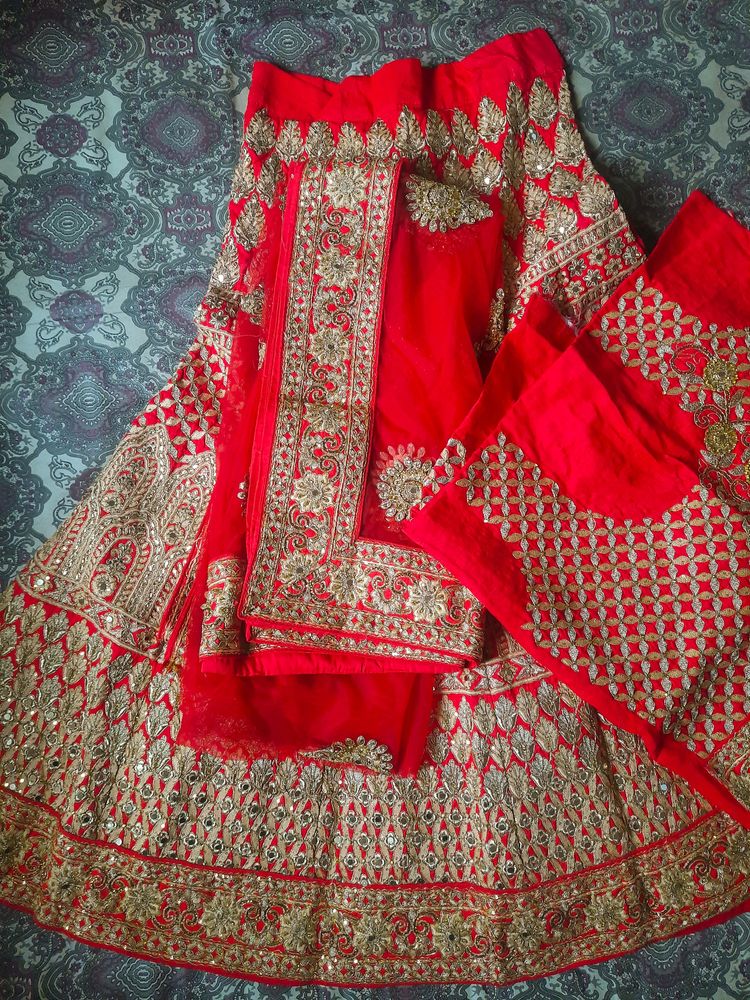 Unstiched Red And Gold Lehenga