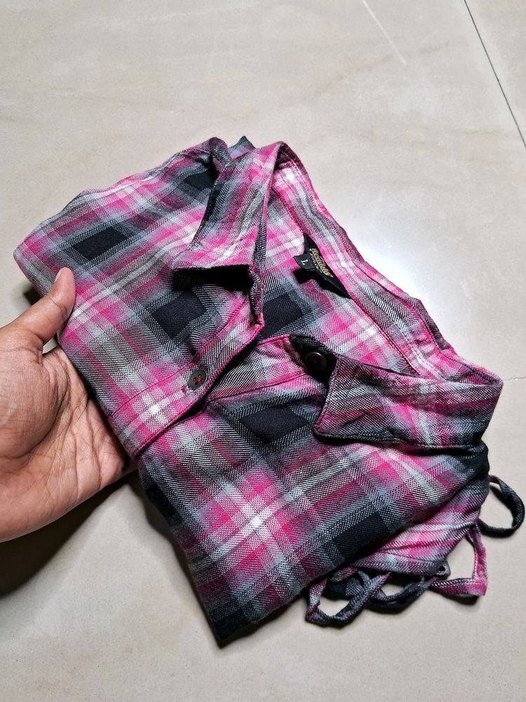 Pink Checked Shirt Style Top