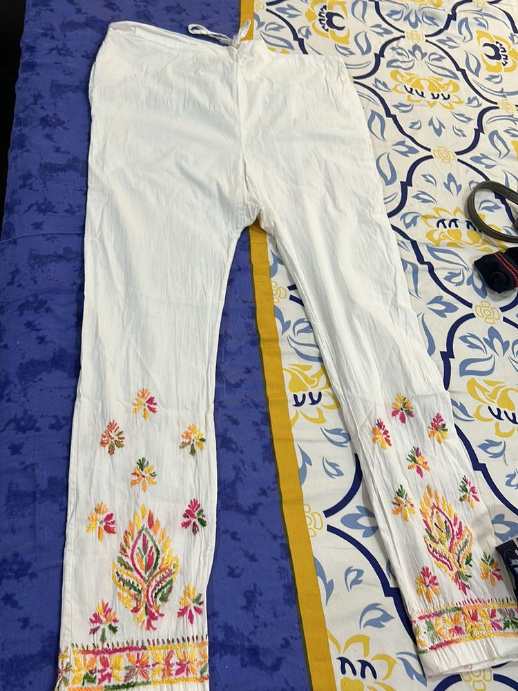 Pure Cotton Embroidered White Pants