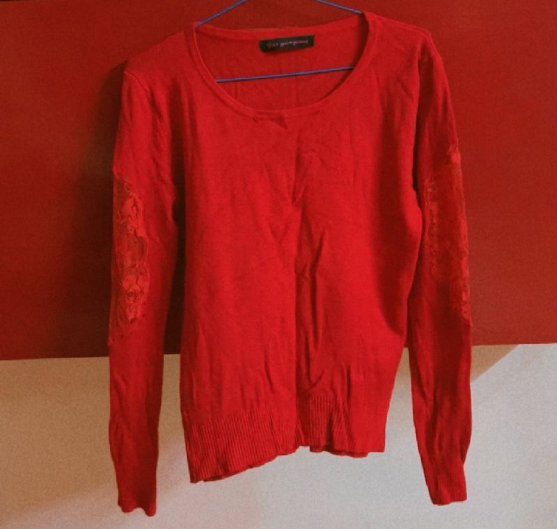 Red Sweater With Net Work On Sleeves