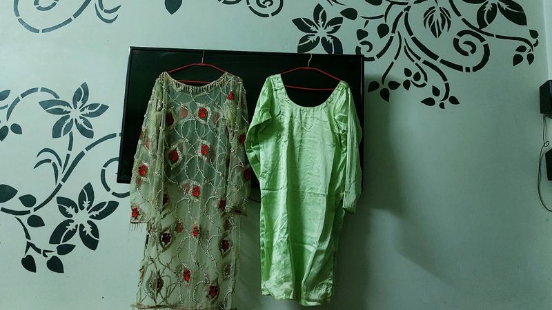 Green Kurta  Net Kurta N Pants  With Attach Inner Orange Duppata