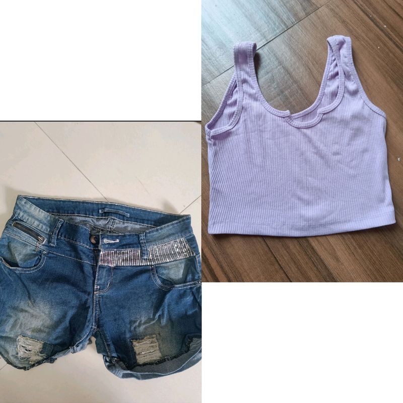 Lavender Tank Top With Denim Shorts Combo .