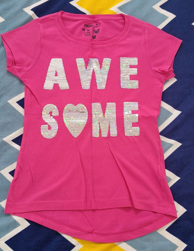 Girls Pink T-shirt With Sequence Design