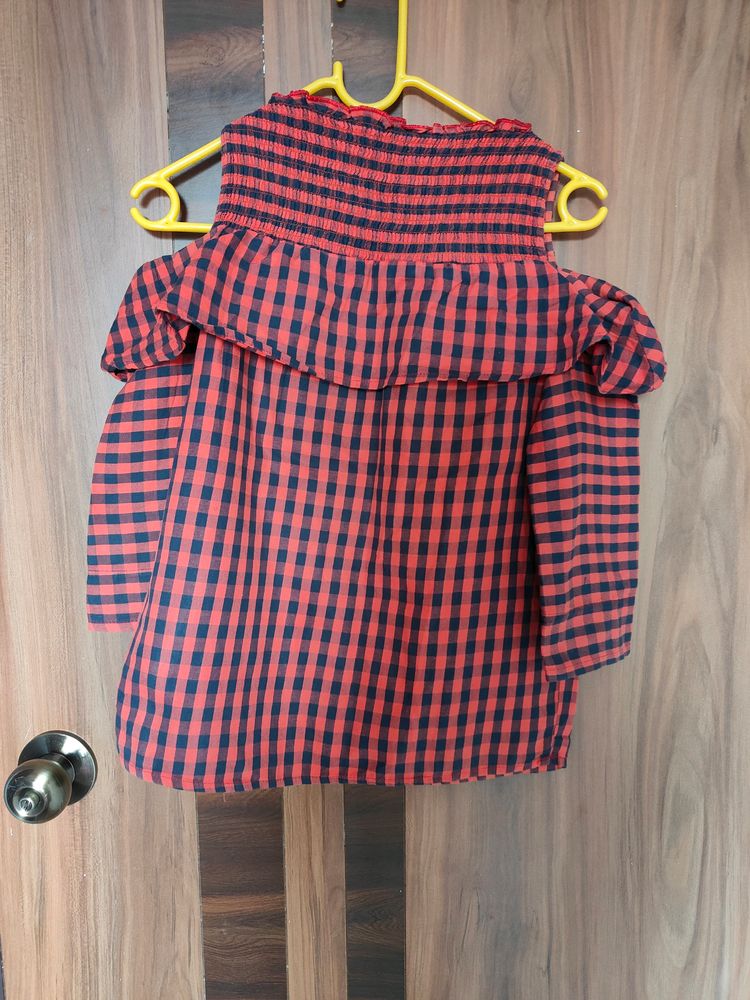 Rust Orange Checked Cold Shoulder Top(Women)