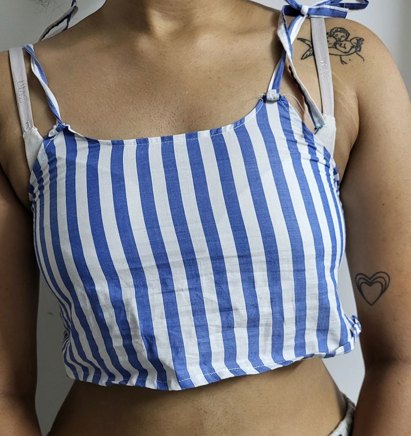 Blue And White Striped Crop Top