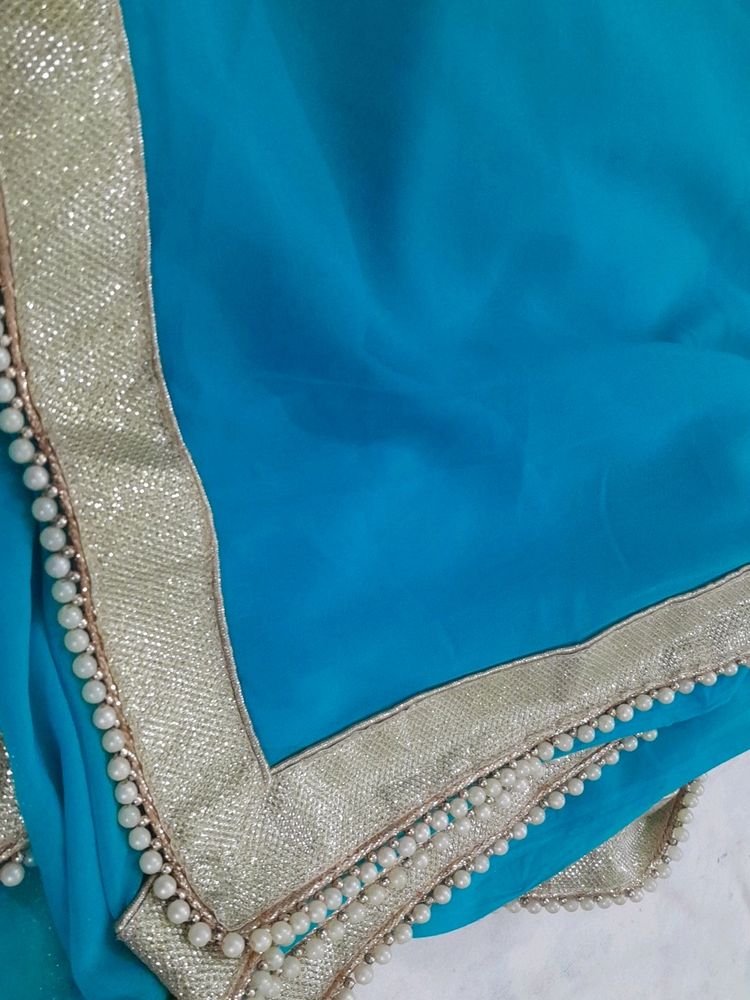 Pearl Studded Sky-blue Color Party wear Saree