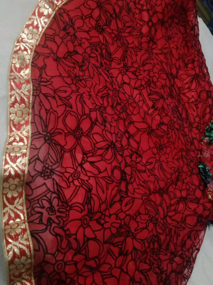 Cotton Net Pure Jari Work Red Colour Printed