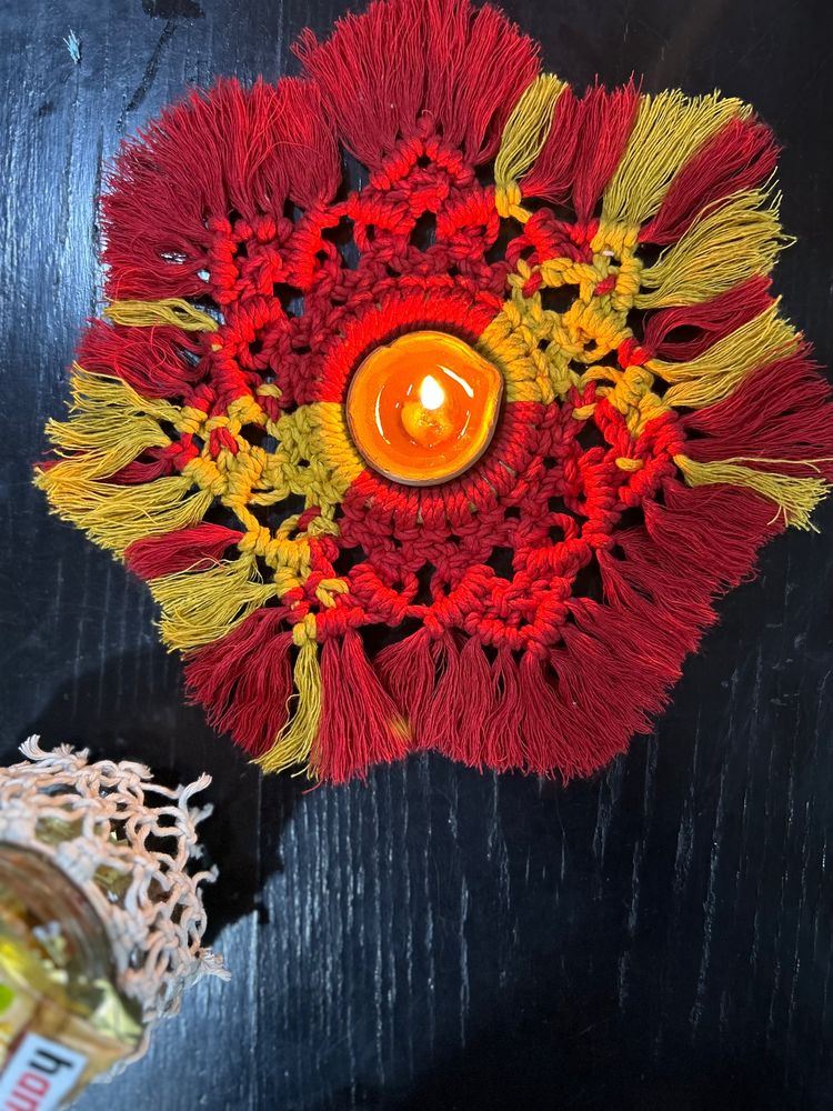 Handmade Macrame Rangoli And Tea Light Holder