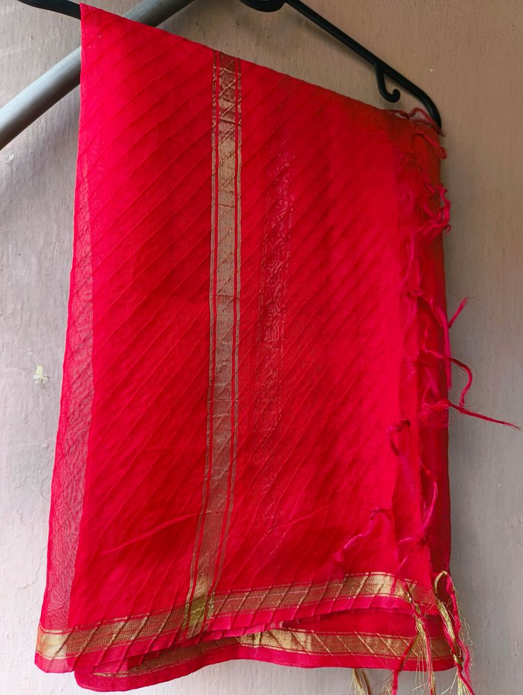 Bright Red Dupatta With Gold Zari Border